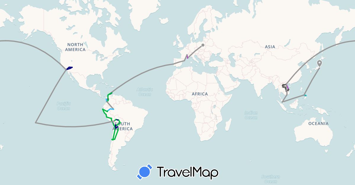 TravelMap itinerary: driving, bus, plane, train, boat, motorbike in Argentina, Bolivia, Chile, Colombia, Spain, France, Japan, Laos, Malaysia, Peru, French Polynesia, Philippines, Poland, Portugal, United States, Vietnam (Asia, Europe, North America, Oceania, South America)